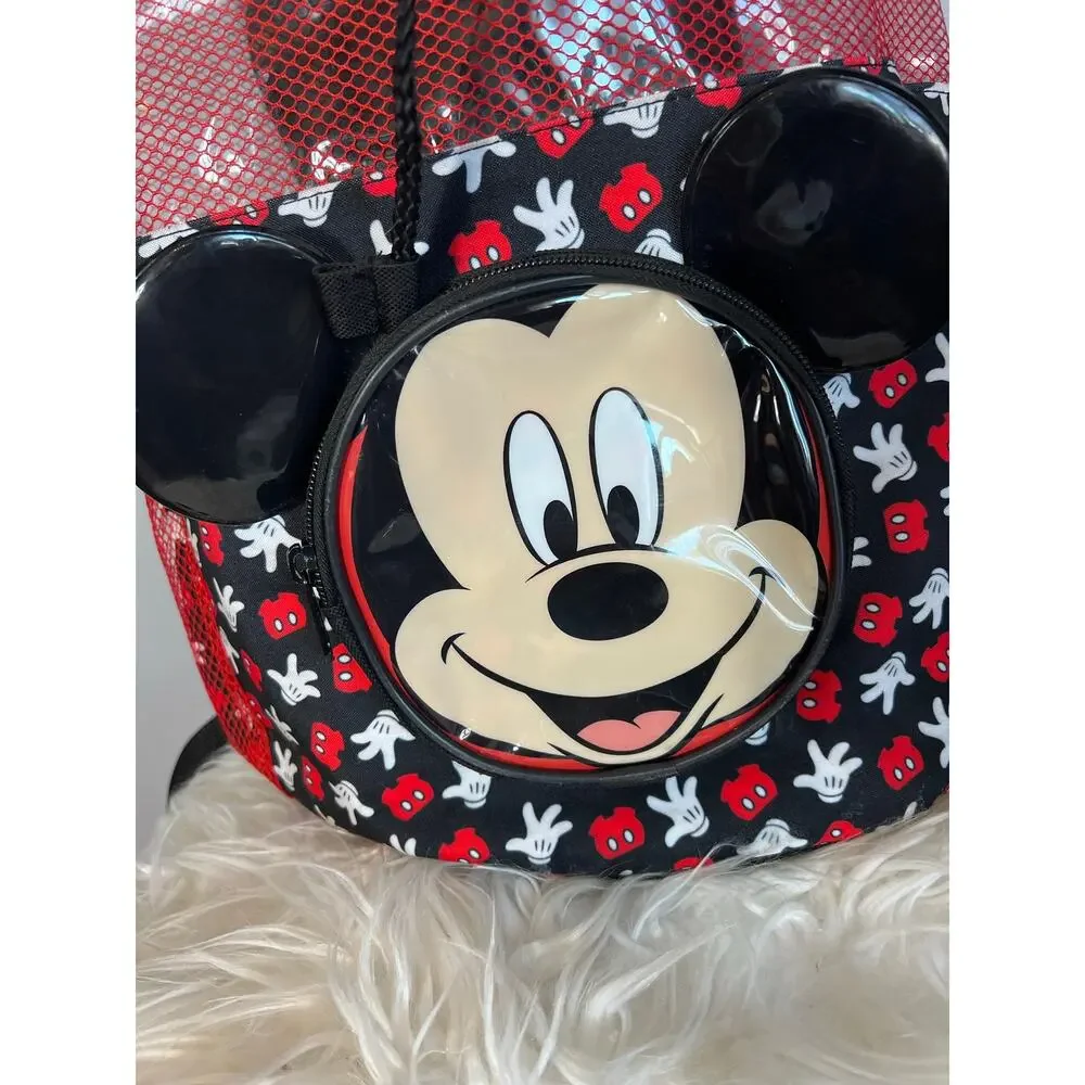 Mickey Mouse Disney Beach Mesh Bag Backpack Black Red Drawstring Ears Zipper